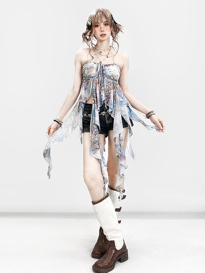 Blue Holiday Ruffle Print Top Tube Accents Design Cascading