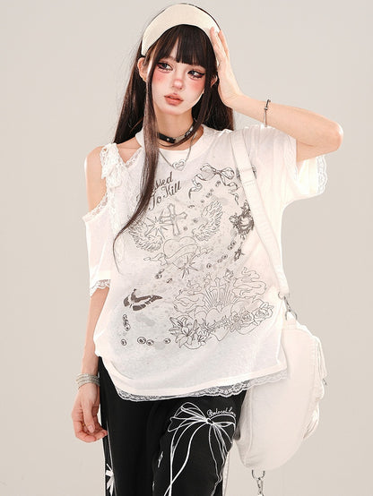 Weißes, lockeres T-Shirt mit Grafik und Cut-Outs an der Schulter