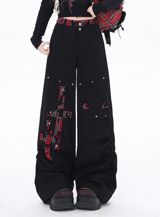 Black and Red Plaid Studs Detail Wide-Leg Pants