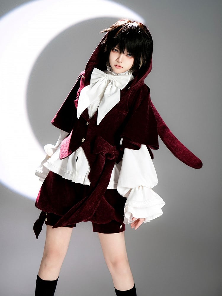 Bunny Hood Lolita Ears Jacket Wine Red Ouji with Velvet Oversized