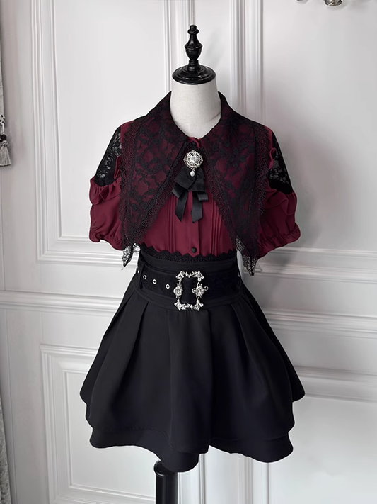 Jirai Collar Flat Red Details Blouse +Tiered Skirt Set-Pointed Kei Pleating