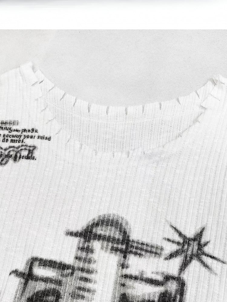 Neckline + Y2K Asymmetrical White Long Sleeves Design Print Top