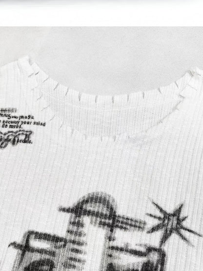 Neckline + Y2K Asymmetrical White Long Sleeves Design Print Top