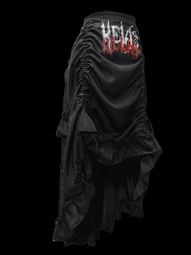 Gothic Black Letters Print Ruched High-low Punk Skirt with Free Cross Charms Waist Chain