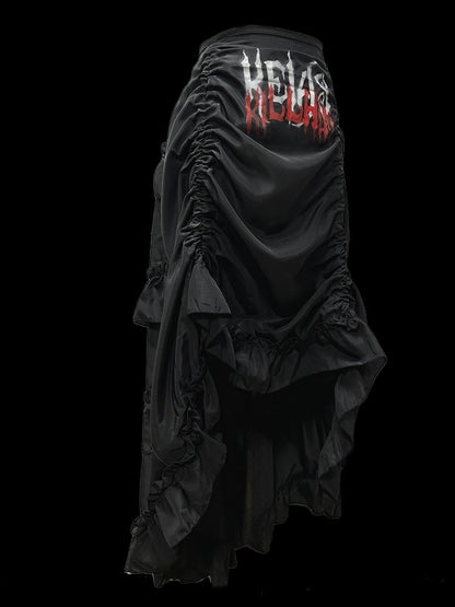 Gothic Black Letters Print Ruched High-low Punk Skirt with Free Cross Charms Waist Chain