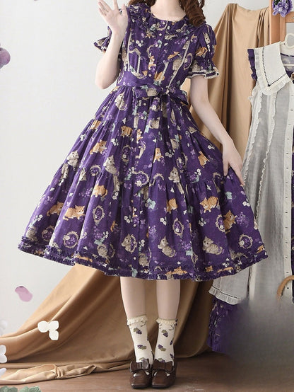 Short Grape Kitty Sleeves Print One Pink Dress Lolita and Piece House Purple Fashion