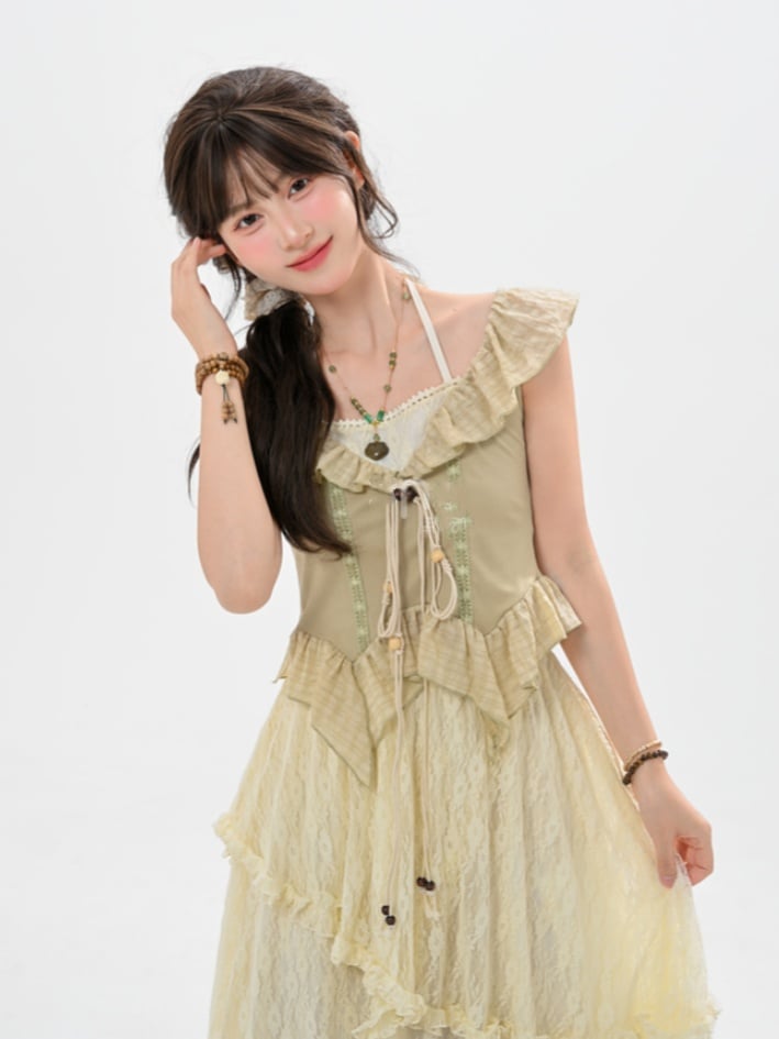 Flutter Sleeves Self-tie Bead Straps Light Hem Curved Green Halter Top