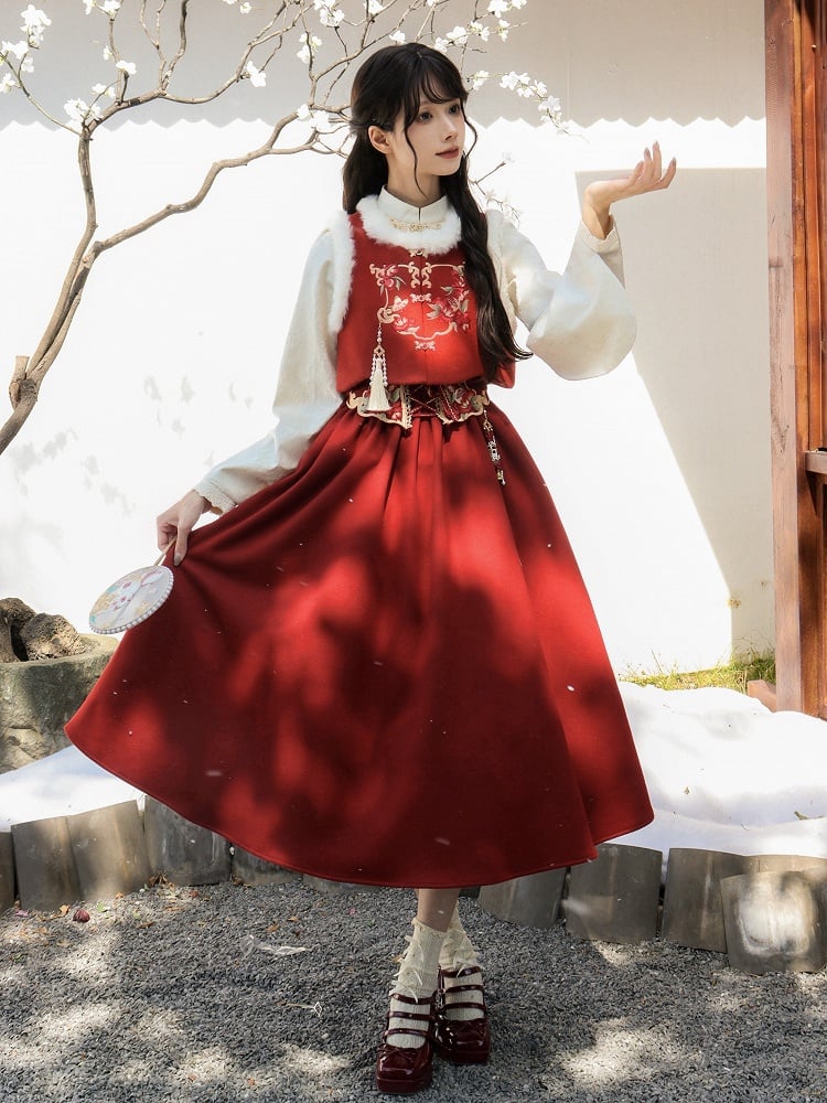 Red New Year Long Version Butterfly and Floral Lolita Skirt Full Set