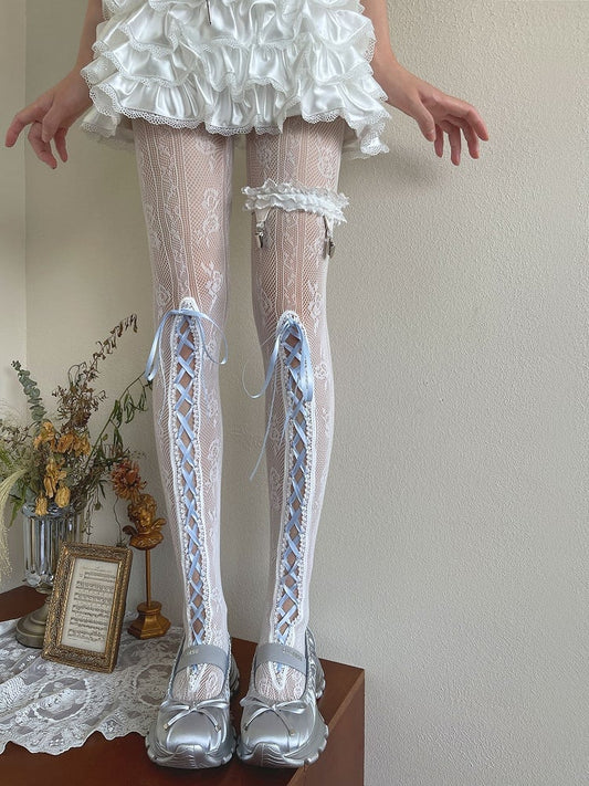 Floral Tights Blue Hollow-out Pattern Lace-up Detail
