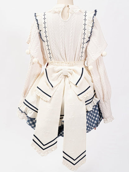 White Long Sleeves Knitted Top Apron Blue Plaid Pattern Bloomer Shorts Sweet Lolita Full Set