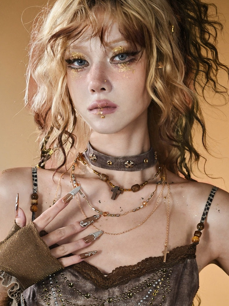 Brown Neacklace Cross Pendant Punk Beaded Choker With Wasteland