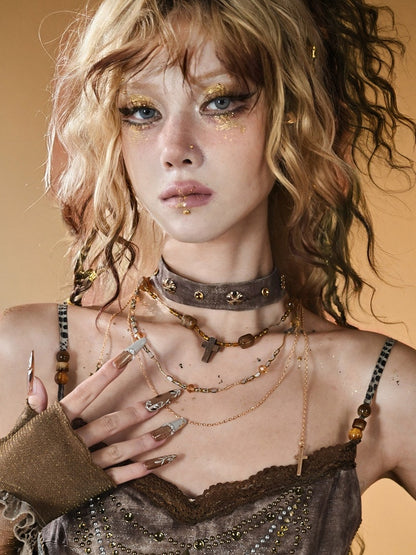 Brown Neacklace Cross Pendant Punk Beaded Choker With Wasteland