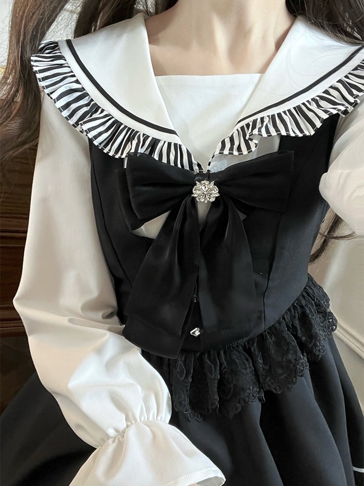 Black Jirai Kei Sailor Collor Blouse High Waist Lace Trim Overall Dress Set