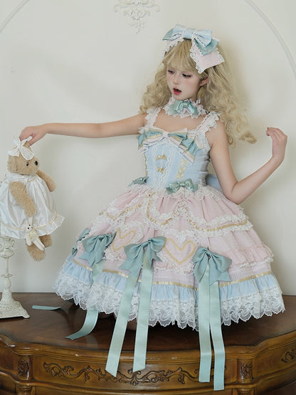 Mint Green Bows Pink and Blue Sweet Lolita Corset Dress with Choker
