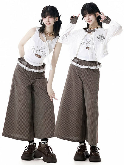 Ruffled Lace Trim Waist Wide-Leg Pants Brown Plaid