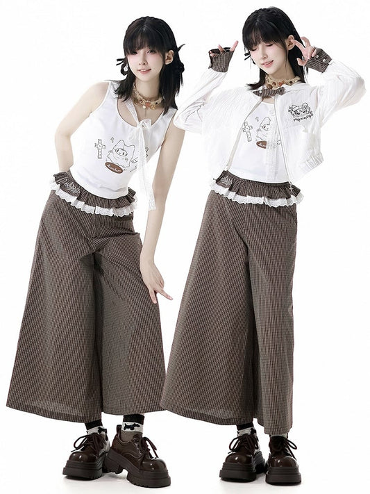 Ruffled Lace Trim Waist Wide-Leg Pants Brown Plaid