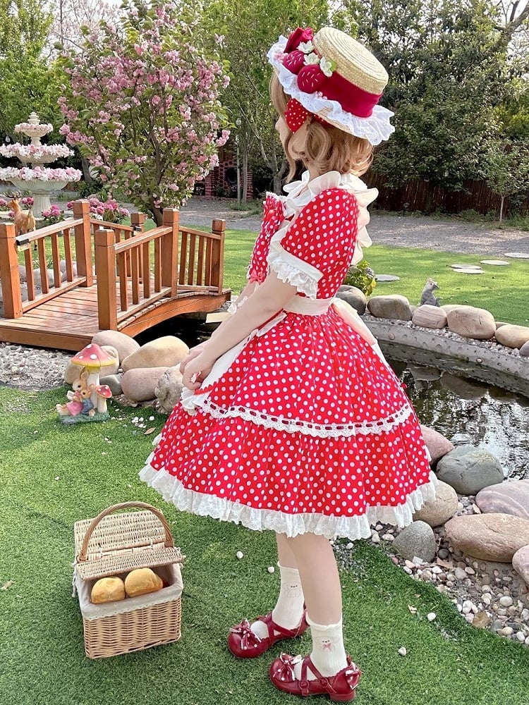 Collar Old Peter Maid White Strawberry Polka Bow Dots Lolita Pan Big Apron + Red School Dress