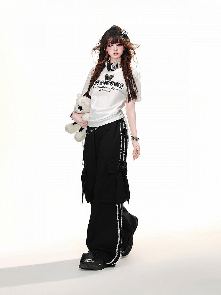Black/White Butterfly-Shaped Cutout Details Drawstring Waist Glamorous  T-Shirt