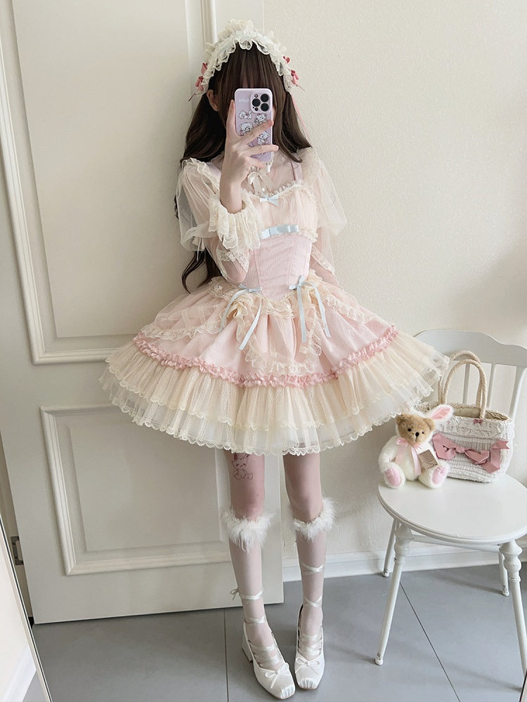 Jumper Bows Pink Lolita Balletcore Short Small Dress Skirt Fabric
