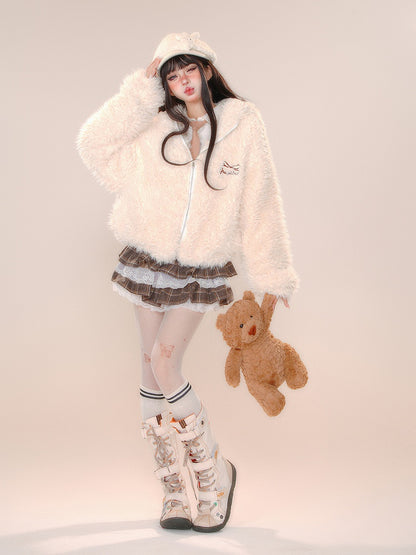 ティアードスカート チェック柄アクセント リボン ブラウン