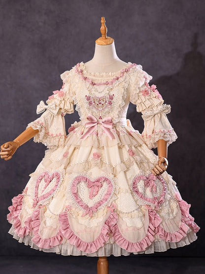 Beige Hanayome Rosette Embroidery Floral and Bead Chain Lolita OP Full Set