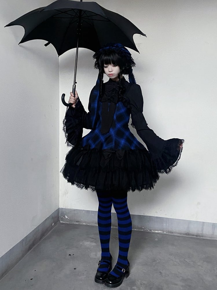 Jupe pull gothique Lolita à carreaux bleus et nœuds noirs décorés d'un ourlet à double épaisseur