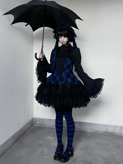 Jupe pull gothique Lolita à carreaux bleus et nœuds noirs décorés d'un ourlet à double épaisseur