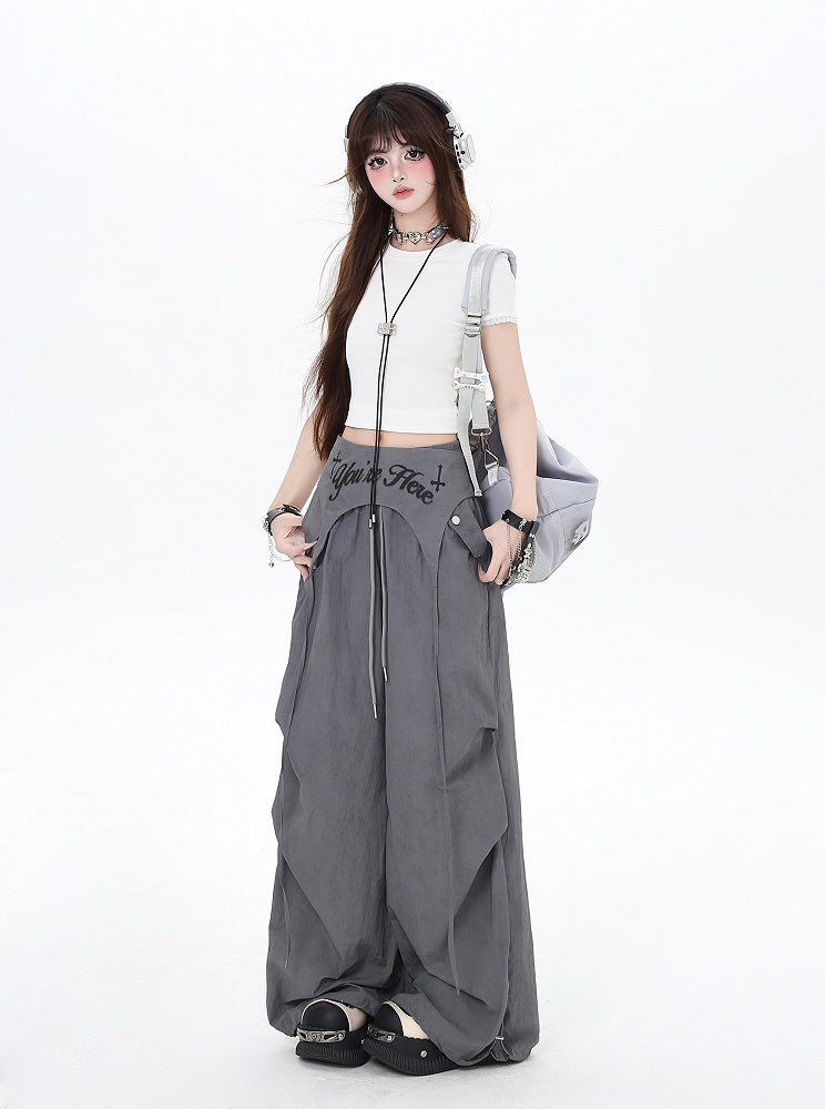 Asymmetrical Accessory Punk Waist Drawstring Waist Wasteland Gray Pants with