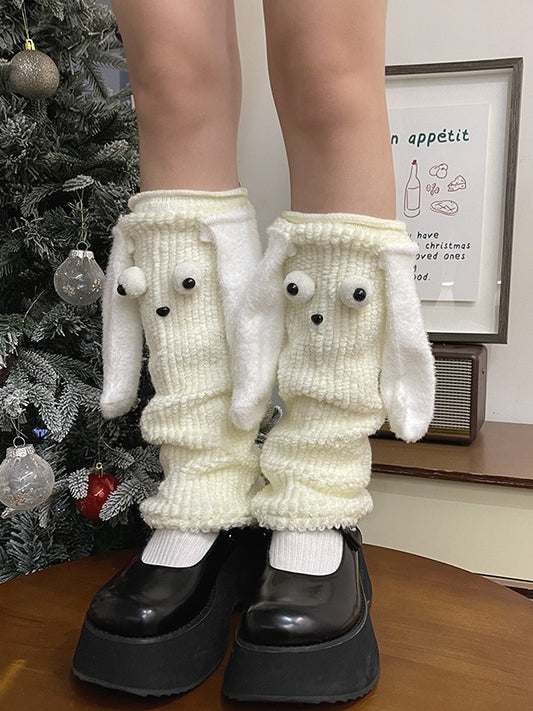 Jambières en peluche blanches/noires/marron avec oreilles de chiot
