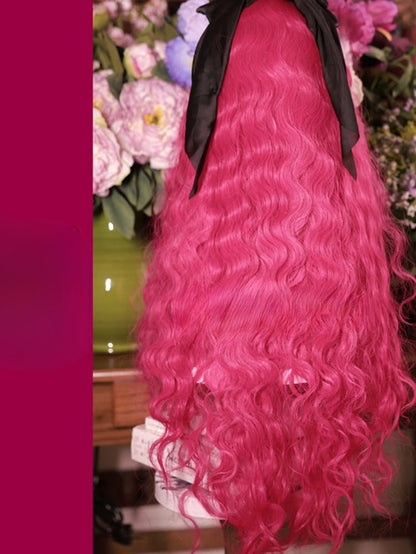 Dark Pink Curly Bangs Wavy  Synthetic Wig