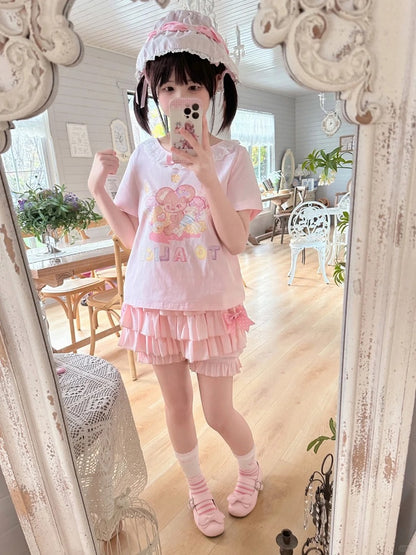 Short Version Adorable Mouse Print White/Pink Lace Trim T-Shirt