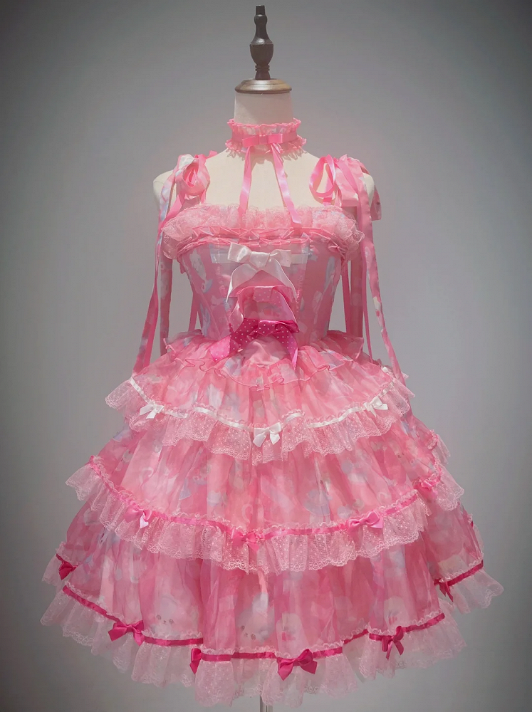 Cute Pink Lolita Accents Bow Bunny Boning Satin Print Dress