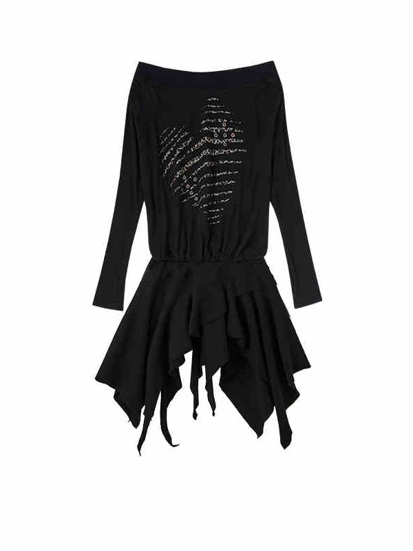 Wasteland Punk Black Leopard Heart Asymmetrical Long Sleeves Dress