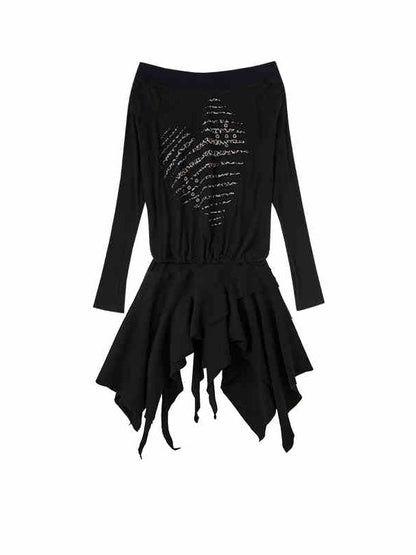 Wasteland Punk Black Leopard Heart Asymmetrical Long Sleeves Dress