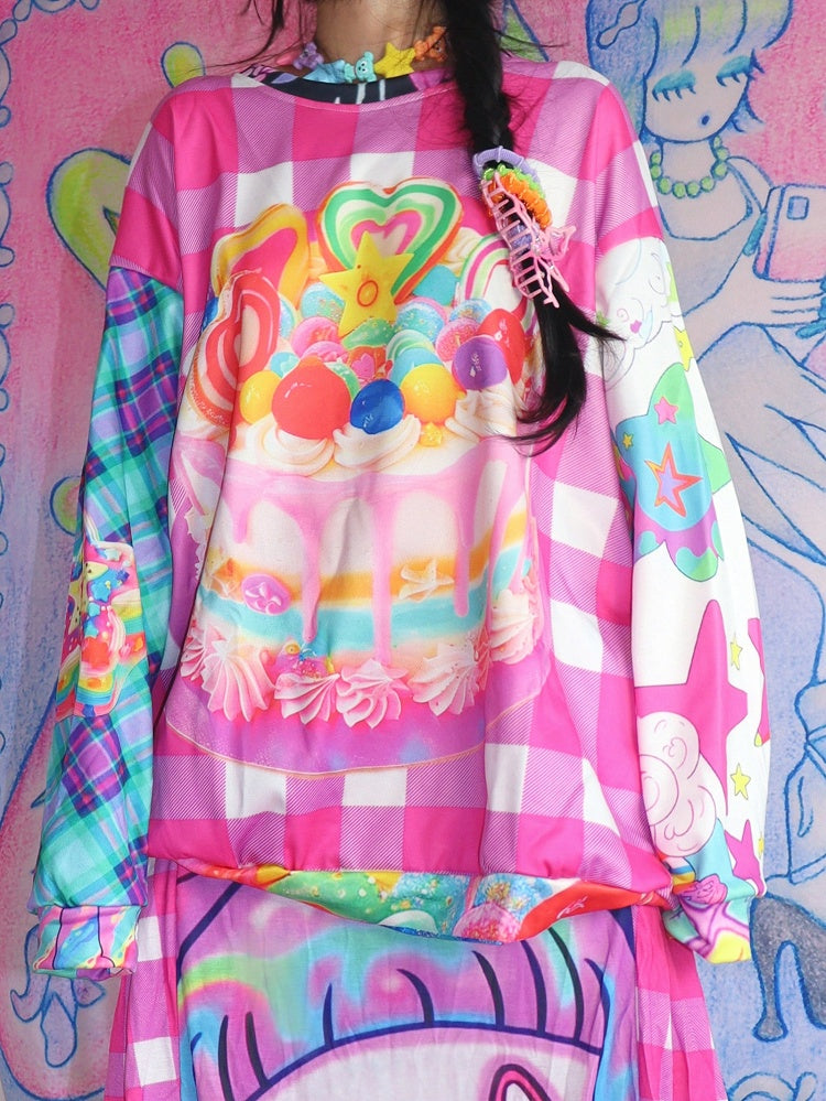 Y2K-Muster, kariertes Kuchen-Sweatshirt mit buntem Aufdruck