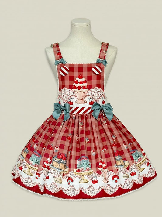 Robe salopette Sweet Lolita rouge cerise et dessert