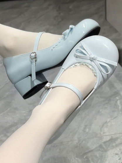Low-heel Shoes Sweet at Top Blue Knotted Baby Bow Trim Lace