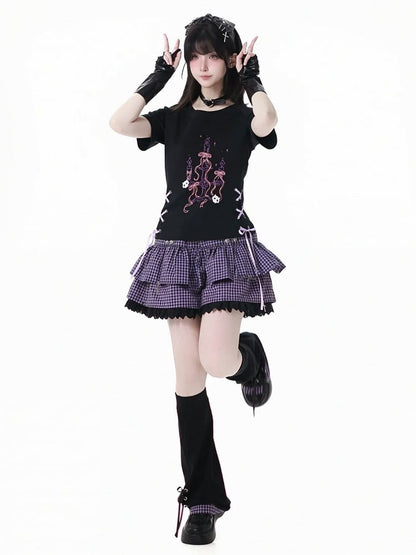 Y2K Purple Elastic Waist Lace Trim Plaid Skort
