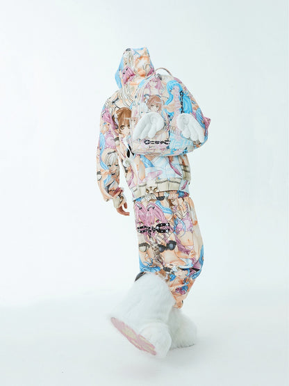 Elastic Waist Cartoon Print Straight-Leg Pants Colorful