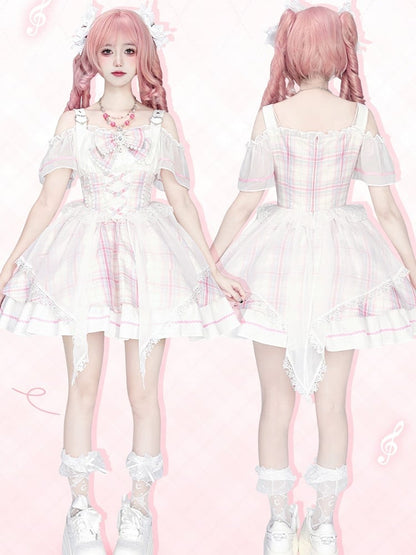 Süßer, schulterfreier Lolita-Pullover mit Idol-Ausschnitt und rosa Karomuster