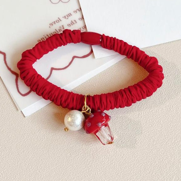 Scrunchie Charm Beaded Red Mushroom Decorated