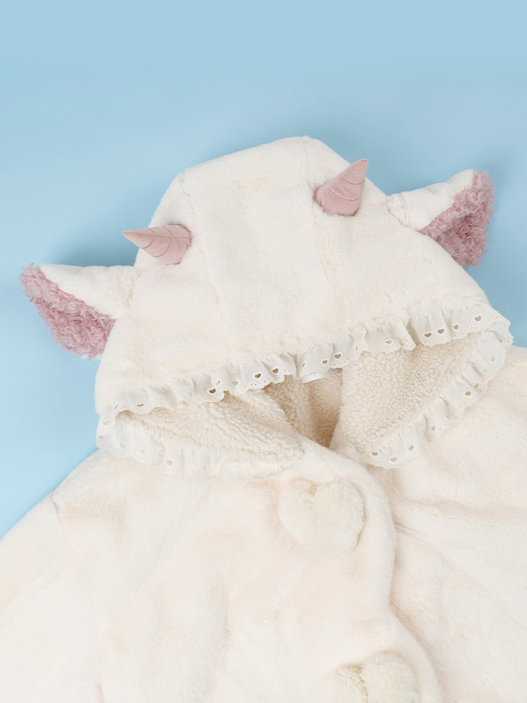 White Cute Lamb Ears Hooded Winter Cozy Plush Coat