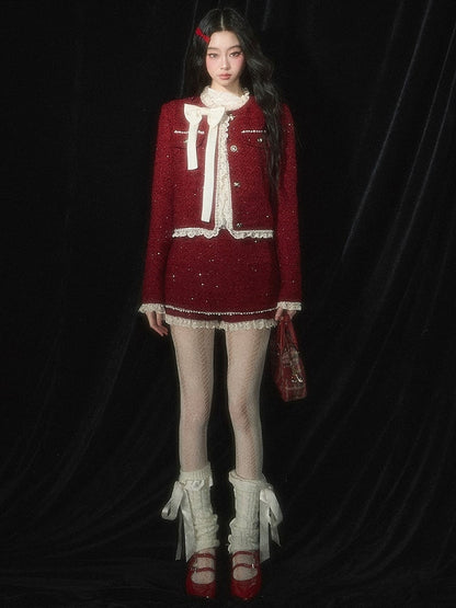 Christmas Red Tweed Cropped Jacket  Lace Trim Bowknot and Bead Details
