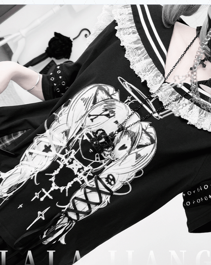 Black Sailor Collar Lace-up Details Anime Girl Print Bittersweet T-shirt
