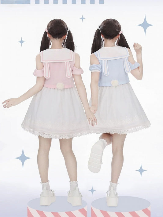 Collar Pink/Blue Bunny Ear and Tail Detail Sailor Chiffon Back