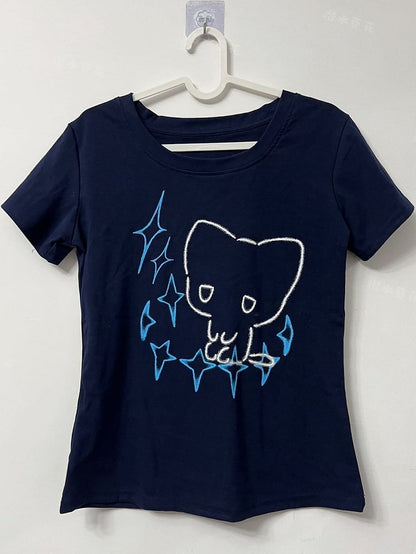 Round Star Blue Neck Cat T-shirt Dark Kei Jirai Print And