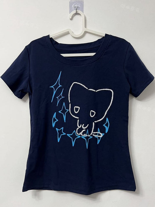 Round Star Blue Neck Cat T-shirt Dark Kei Jirai Print And