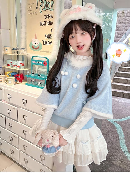 Blue Plush Trim Bows and Pompons Sweater with White Ruffled Cuff Top Set