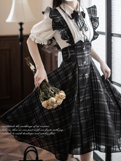 Basque with Jirai Overall Dress in Kei Black Plaid Long Waist Inverted Flutter Sleeves Version