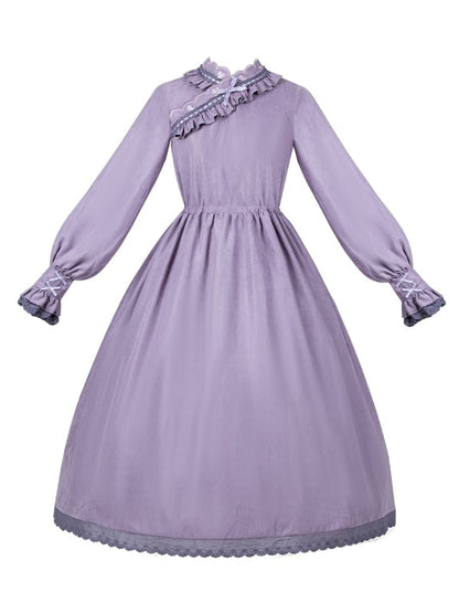 Purple Scallop Trim Crossover Neckline Drawstring Han Lolita Dress